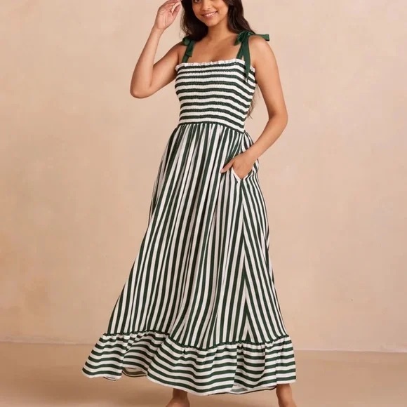 summersalt Dresses & Skirts - summersalt Green and White Striped Maxi Dress with Tie Straps
